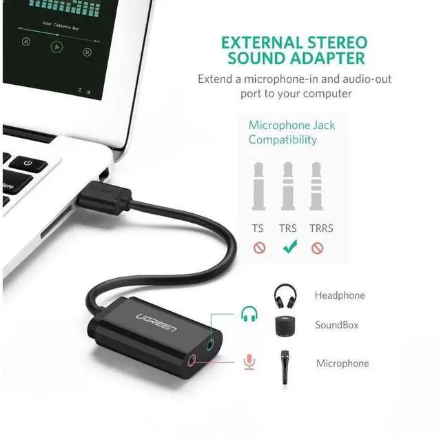Alt view image 2 of 7 - USB External Sound Card, USB to 3.5mm Jack Female Audio Adapter, Separate Earphone & Mic Ports, USB Audio Card for PC, Laptop, PS4, Speaker, Black eokCXOY