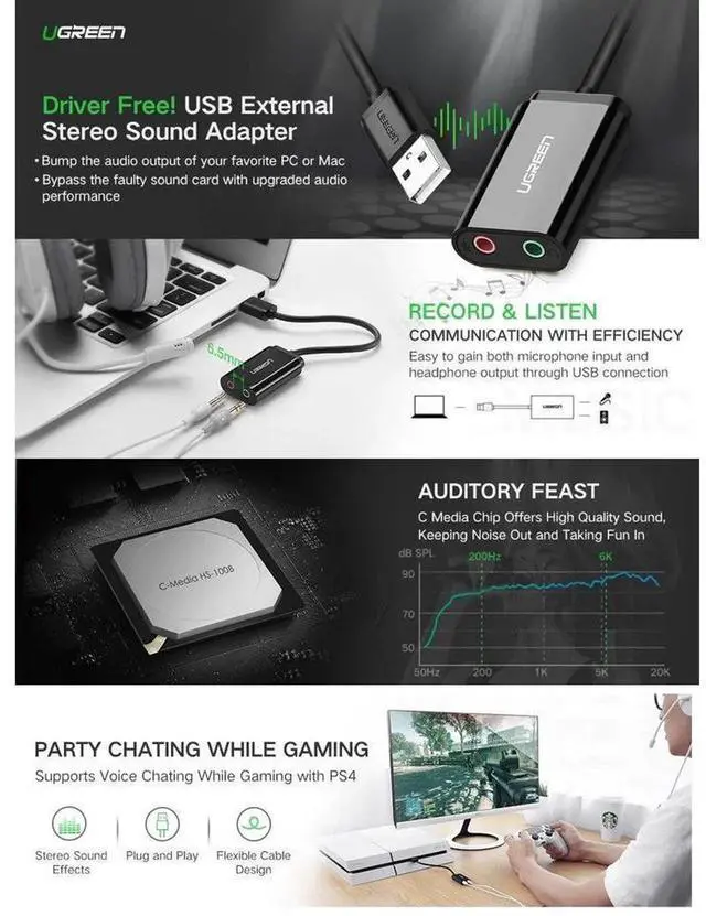 Alt view image 6 of 7 - USB External Sound Card, USB to 3.5mm Jack Female Audio Adapter, Separate Earphone & Mic Ports, USB Audio Card for PC, Laptop, PS4, Speaker, Black eokCXOY