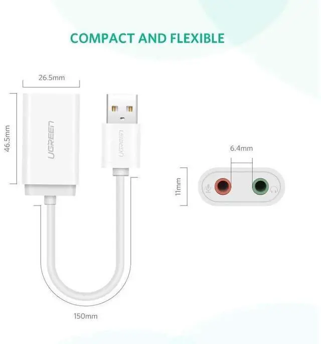 Alt view image 4 of 7 - USB External Sound Card, USB to 3.5mm Female Audio Adapter with Separate Earphone & Mic Ports, 2 Hole USB Audio Card for PC, Laptop, PS4, Speaker, White eokCXOY
