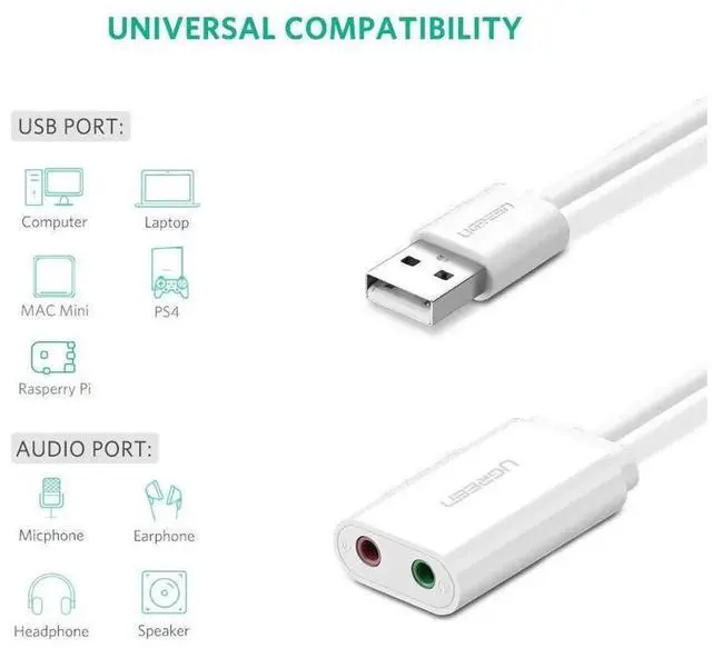Alt view image 6 of 7 - USB External Sound Card, USB to 3.5mm Female Audio Adapter with Separate Earphone & Mic Ports, 2 Hole USB Audio Card for PC, Laptop, PS4, Speaker, White eokCXOY