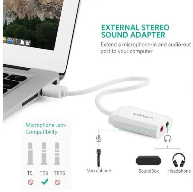 Alt view image 7 of 7 - USB External Sound Card, USB to 3.5mm Female Audio Adapter with Separate Earphone & Mic Ports, 2 Hole USB Audio Card for PC, Laptop, PS4, Speaker, White eokCXOY