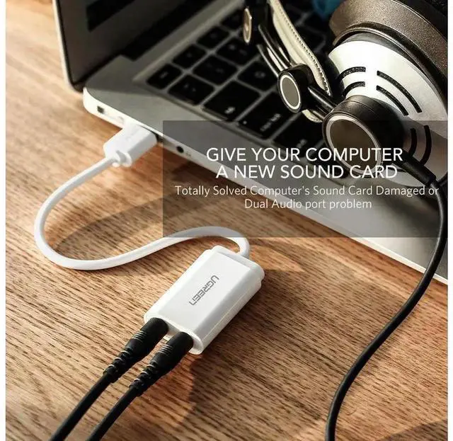 Alt view image 3 of 7 - USB External Sound Card, USB to 3.5mm Female Audio Adapter with Separate Earphone & Mic Ports, 2 Hole USB Audio Card for PC, Laptop, PS4, Speaker, White eokCXOY