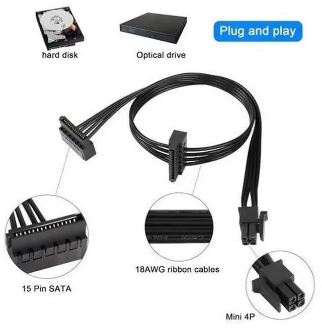 Alt view image 3 of 7 - QIANRENON Mini 4-Pin to 2X Right Angle SATA Power Cable, 1 Mini 4Pin to Dual Right Angle 15Pin SATA SSD Hard Drive Power Extension Cord