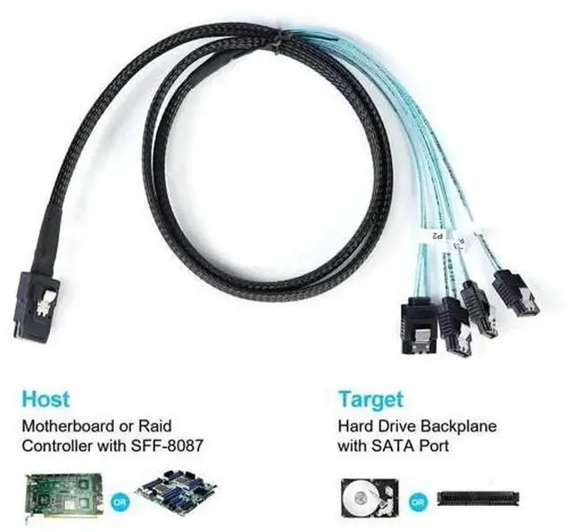 Alt view image 2 of 6 - 1M Mini SAS to SATA Forward Breakout Cable, SFF-8087 to SATA Cable, SFF8087 Mini-SAS RAID Controller to SATA Hard Drive SSD Cable, 3.3FT