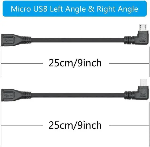 Alt view image 4 of 7 - 9 Inch Short Micro USB Extension Cable, 90 Degree Left & Right Angle Micro USB Male to Female Charging Data Sync Cord for Cellphones, Tablets, MP3 Players & More, 1 Pair
