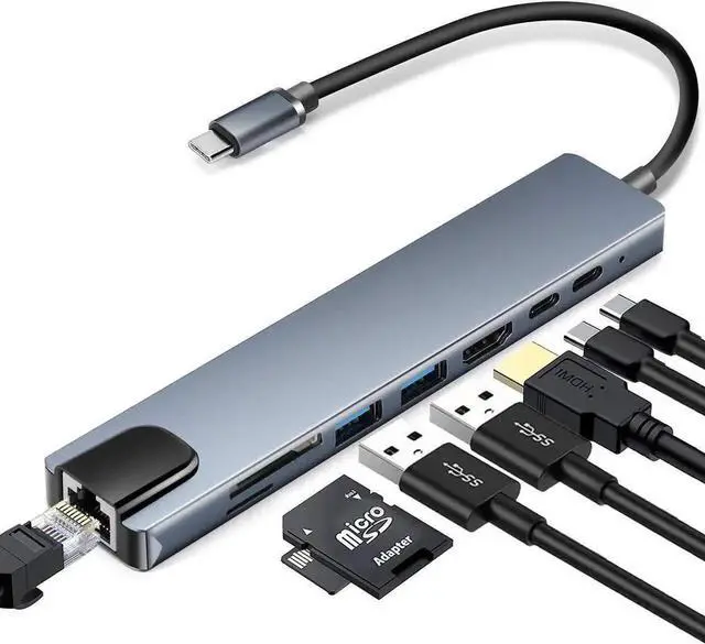 Main image of Updated Version 8-in-1 USB C Hub Multiport Adapter, Type C Dock with RJ45 Ethernet, 4K HDMI Output, 2 USB 3.0, USB-C PD Charging, SD & TF Card Reader, Compatible with MacBook Pro, Dell XPS and USB-C L