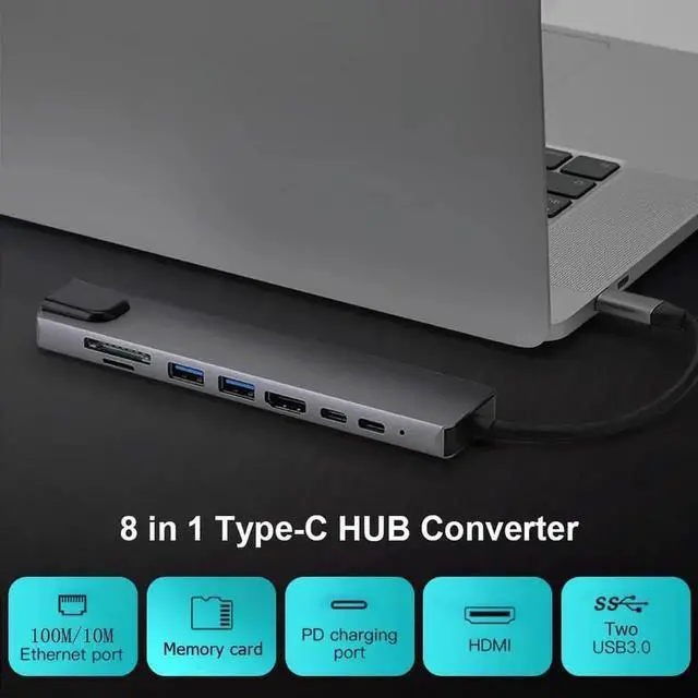 Alt view image 3 of 7 - Updated Version 8-in-1 USB C Hub Multiport Adapter, Type C Dock with RJ45 Ethernet, 4K HDMI Output, 2 USB 3.0, USB-C PD Charging, SD & TF Card Reader, Compatible with MacBook Pro, Dell XPS and USB-C L