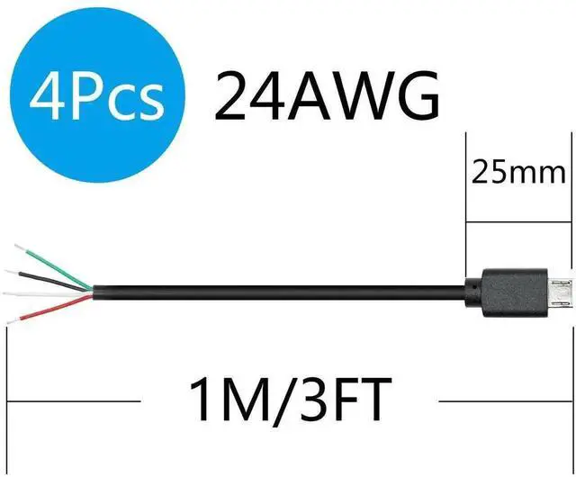 Alt view image 7 of 7 - 2Pcs 3FT Micro USB Male 4 Pin Open End Pigtail Cable, 24AWG Bare Wire Micro USB Power & Data Cord, DIY Repair Replacement Cable for USB Equipment