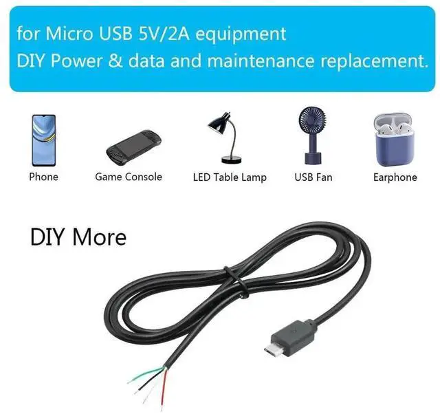 Alt view image 6 of 7 - 2Pcs 3FT Micro USB Male 4 Pin Open End Pigtail Cable, 24AWG Bare Wire Micro USB Power & Data Cord, DIY Repair Replacement Cable for USB Equipment
