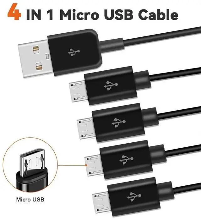 Alt view image 2 of 7 - 4-in-1 Micro USB Splitter Cable 1.64ft Black, USB Type A Male to 4 Micro USB Male Multi Charging Cord, Micro USB Splitter Adapter Cable for Simultaneous Charging & Limited Data Sync