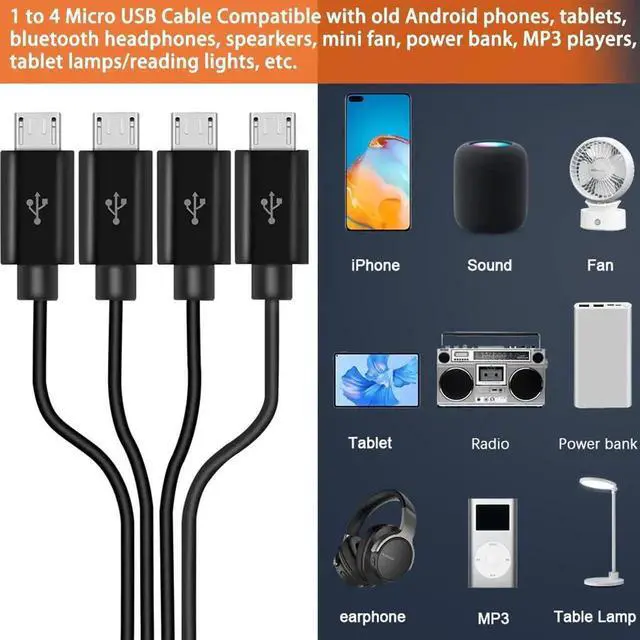 Alt view image 3 of 7 - 4-in-1 Micro USB Splitter Cable 1.64ft Black, USB Type A Male to 4 Micro USB Male Multi Charging Cord, Micro USB Splitter Adapter Cable for Simultaneous Charging & Limited Data Sync