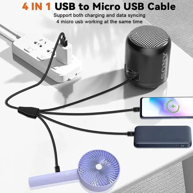 Alt view image 4 of 7 - 4-in-1 Micro USB Splitter Cable 1.64ft Black, USB Type A Male to 4 Micro USB Male Multi Charging Cord, Micro USB Splitter Adapter Cable for Simultaneous Charging & Limited Data Sync