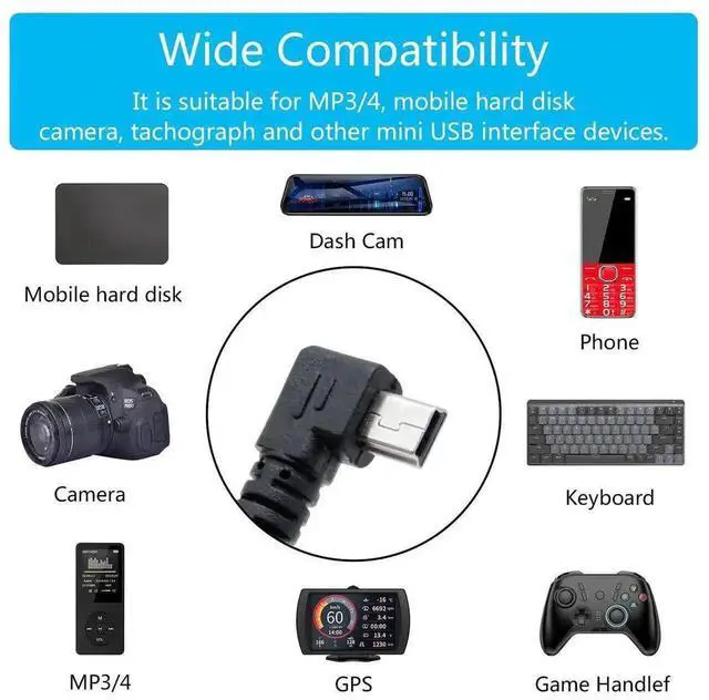 Alt view image 7 of 7 - 9 Inch Left Angle Mini USB 2.0 Cable 2-Pack, USB Type A Male to Left Angled 5 Pin Mini USB Short Charging Data Cord for Dash Cam, Digital Camera, Portable Hard Drive, MP3 Player and Mobile Phones