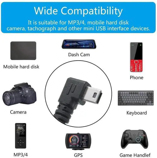 Alt view image 3 of 7 - 9 Inch Right Angle Mini USB 2.0 Cable 2-Pack, USB Type A Male to 90 Degree Right Angled Mini USB Short Charging & Data Sync Cord for Dash Cam, Digital Camera, Portable Hard Drive, MP3 Player and Mobil