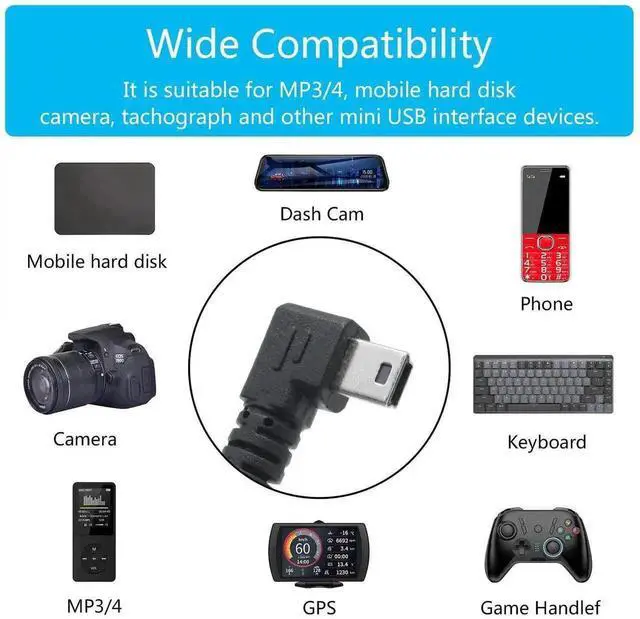 Alt view image 5 of 7 - 9 Inch Right Angle Mini USB 2.0 Cable 2-Pack, USB Type A Male to Right Angled Mini USB Male Short Charging Data Sync Cord for Dash Cam, Digital Camera, Portable Hard Drive, MP3 Player and Mobile Phone