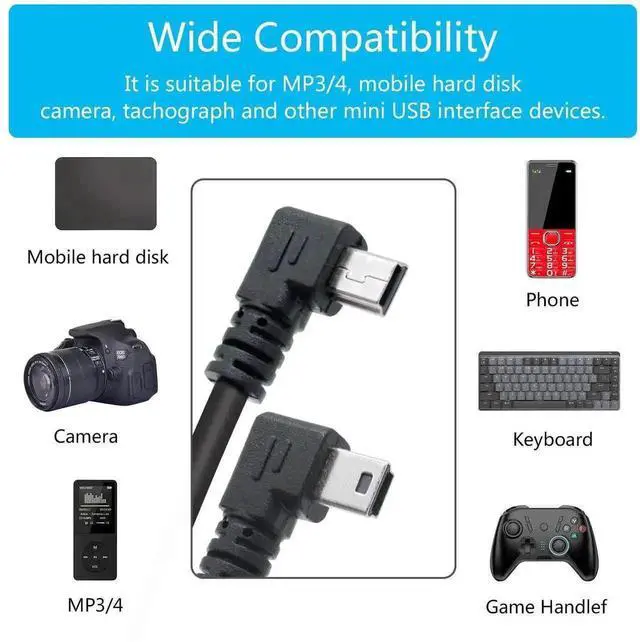 Alt view image 5 of 7 - 9 Inch Left & Right Angle Mini USB 2.0 Cable 2-Pack, USB Type A Male to 90 Degree Angled Mini USB Short Charging Data Sync Cord for Dash Cam, Digital Camera, Portable Hard Drive, MP3 Player and Mobile