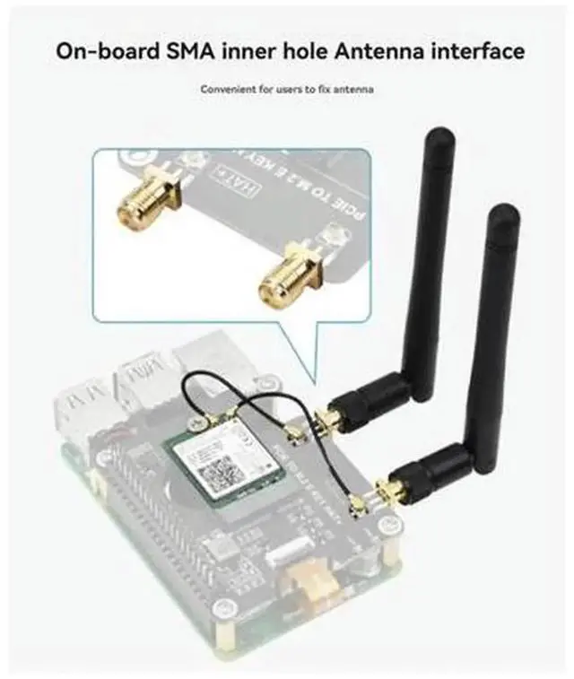 Alt view image 3 of 4 - PCIe to M.2 E-Key Adapter Board for Raspberry Pi 5, With 16P Cable & SMA Antenna Port, NGFF Wireless Network Card Expansion Module for WiFi Bluetooth NGFF Cards