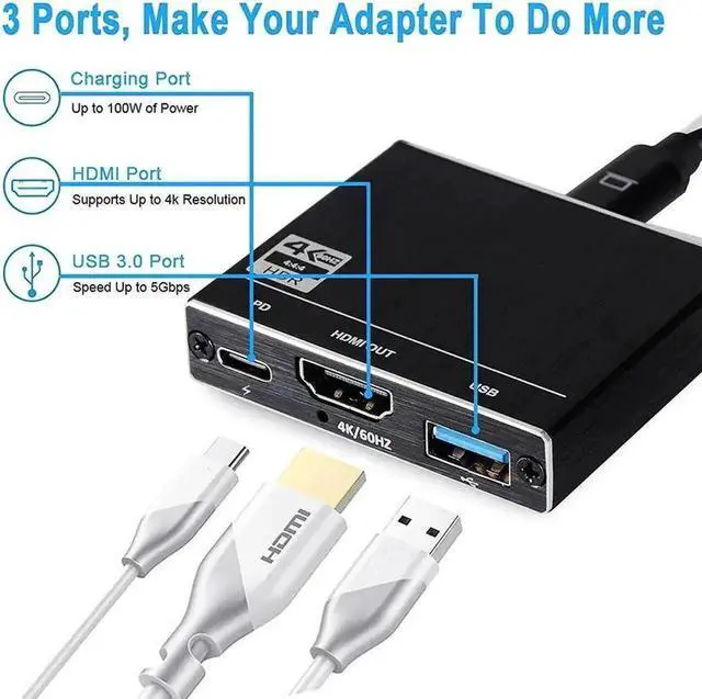 Alt view image 6 of 7 - USB C Multiport Adapter, Thunderbolt 3 Type-C Hub with 4K@60Hz HDMI Output, USB 3.0 Data Port & 100W USB-C PD Charging, Digital AV Converter Compatible with MacBook Pro/Air, Galaxy S8/S9