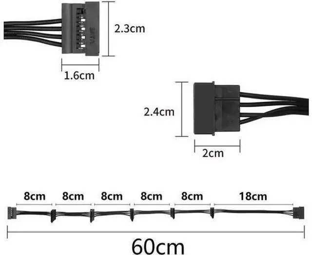 Alt view image 6 of 7 - LP4 IDE 4Pin to 6×15Pin SATA Power Splitter Cable, Internal 1 to 6 SATA Power Supply Converter Adapter Cord, LP4 Molex to SATA Hard Drive Power Extension Wire for PC and Server Storage Expansion