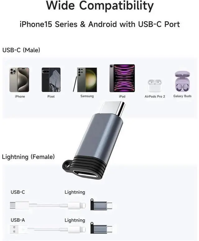 Alt view image 4 of 7 - 4 Pack Lightning Female to USB C Male Adapter, Type-C Charging Converter Support Charging & Data Transfer, Compatible with iPhone 15, iPad Air, Samsung, Pixel Phones, Not Support Audio and OTG Functio