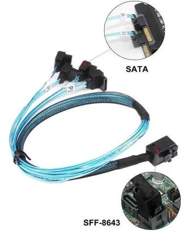 Alt view image 2 of 5 - 0.5M/1.6FT SFF-8643 Mini SAS to 4 SATA Breakout Cable, Target Angle SATA Connector Cord, Mini SAS HD Controller to SATA Hard Drive Cable for Server, NAS and RAID Storage System