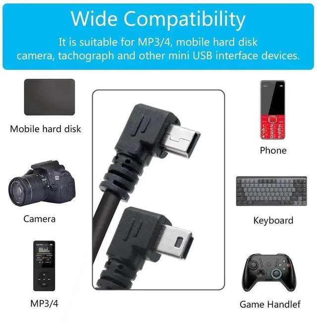 Alt view image 2 of 7 - 9 Inch Left & Right 90 Degree USB 2.0 A Male to Mini USB Male Cable, Short Angled Mini USB Charging Data Sync Cord for Dash Cam, Digital Camera, Hard Drive, MP3 Player, Mobile Phone, Pack of 2