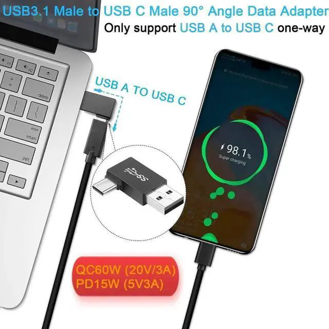 Alt view image 3 of 6 - 4Pcs Right Angle USB3.1 Male to USB-C Male Adapter, 90 Degree Right Bend Connector, 10Gbps Data Transfer, QC 60W & PD 15W Charging, USB A to Type-C Plug for Laptop, PC, Wall Charger