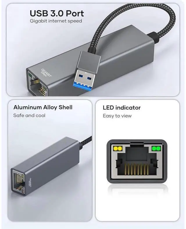Alt view image 7 of 7 - USB 3.0 to Gigabit Ethernet Adapter, 10/100/1000 Mbps RJ45 LAN Wired Network Adapter, USB to RJ45 Internet Dongle Compatible with MacBook, Surface, Laptop PC, Windows 11/10/8.1, macOS, Linux
