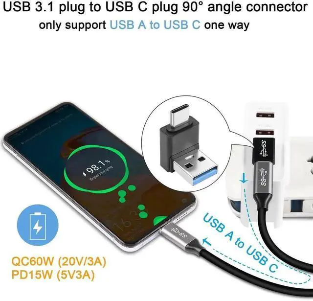 Alt view image 5 of 6 - 4Pcs Up Positive Bend 90 Degree USB3.1 Male to USB-C Male Adapter, Right Angle USB A to Type-C Plug, 10Gbps Data Sync, QC60W & PD15W Charging, Only A to C Direction for Wall Charger, Phone, Laptop