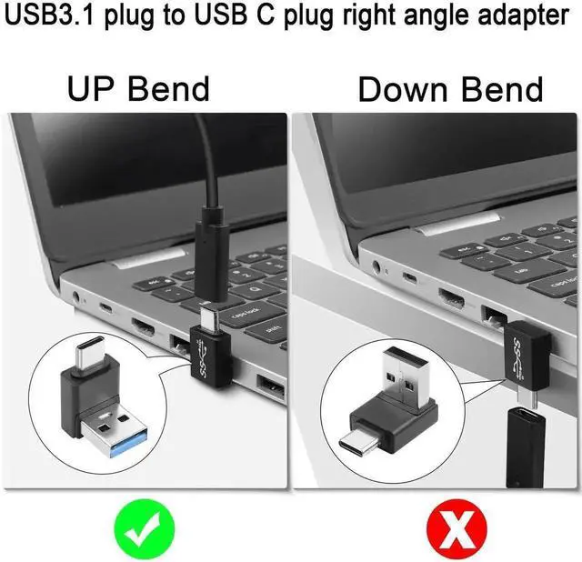 Alt view image 4 of 6 - 4Pcs Up Positive Bend 90 Degree USB3.1 Male to USB-C Male Adapter, Right Angle USB A to Type-C Plug, 10Gbps Data Sync, QC60W & PD15W Charging, Only A to C Direction for Wall Charger, Phone, Laptop