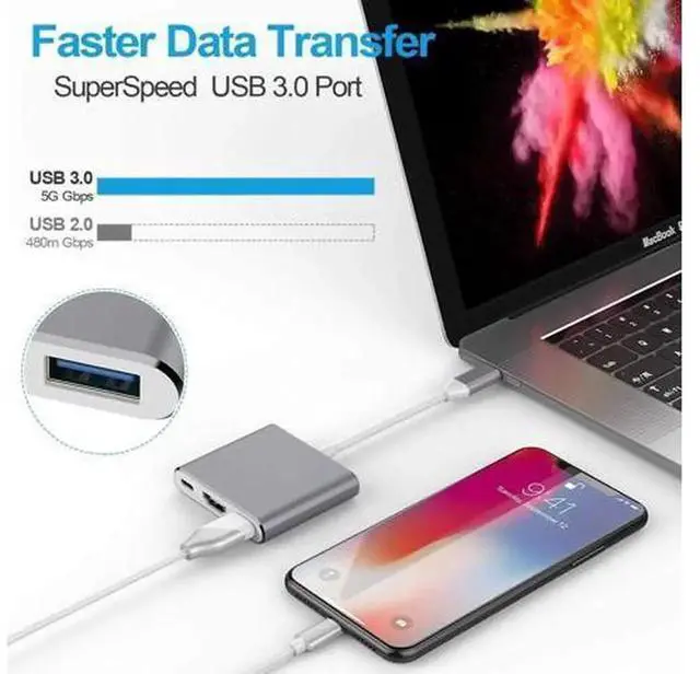 Alt view image 6 of 7 - 3 in 1 USB-C Multiport Adapter, Type C to 4K HDMI Digital AV Converter with 100W PD Charging & USB 3.0 Data Port, Portable USB-C Hub Adapter for Laptop, Tablet, Smartphone, Grey