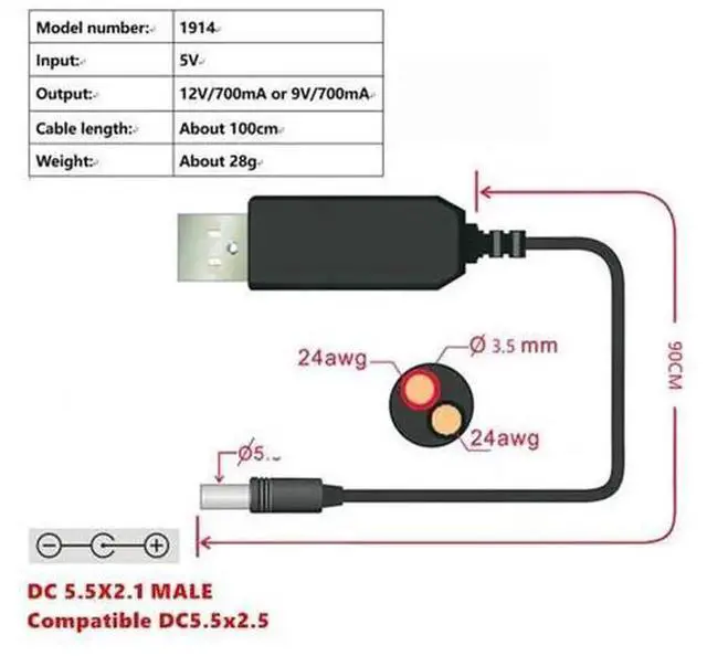 Alt view image 4 of 5 - USB Step Up Power Booster Cable, DC 5V to 9V/12V Boost Converter Module, USB to DC 5.5x2.1mm Male Plug Power Supply Cable