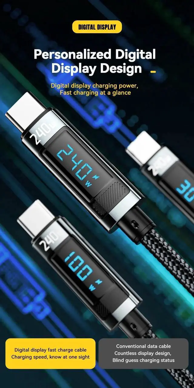Alt view image 5 of 7 - Essager USB-C to USB-C PD3.1 Charging Cable, 240W 5A with LED Real-Time Power Display, Built-in E-Marker Chip, 480Mbps Data Transfer, Compatible with MacBook Pro 16-inch, iPad Pro, Gaming Laptops