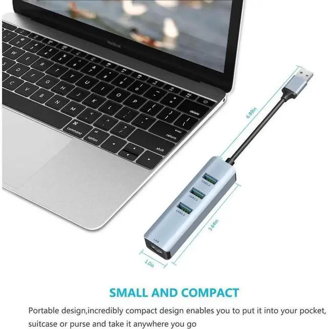 Alt view image 6 of 7 - 3-Port USB 3.0 Hub with Gigabit Ethernet Adapter, 5Gbps USB Splitter RJ45 10/100/1000Mbps Network Dongle, Plug & Play for MacBook, Surface Pro, Chromebook, Dell, HP, Windows, Mac OS, Linux