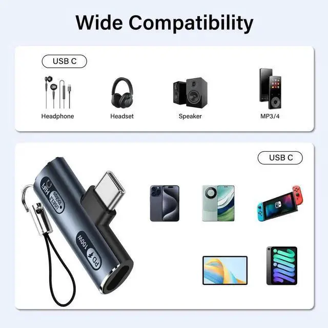 Alt view image 6 of 6 - USB C 2 in 1 Headphone Adapter, USB3.2 10Gbps Data + 100W PD Fast Charging + Audio Type-C Splitter, USB-C Audio Charger Dongle Compatible with MacBook, Laptops & Tablets, Gray