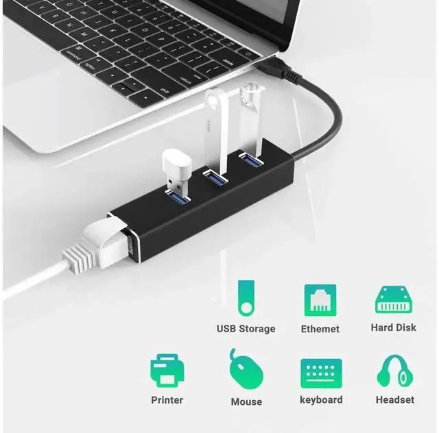 Alt view image 3 of 7 - USB to Gigabit Ethernet Adapter, 3-Port USB 3.0 Hub with RJ45 10/100/1000 Mbps LAN Port, USB A Network Dongle Compatible with Windows 10, 8, 7, Mac OS, Linux