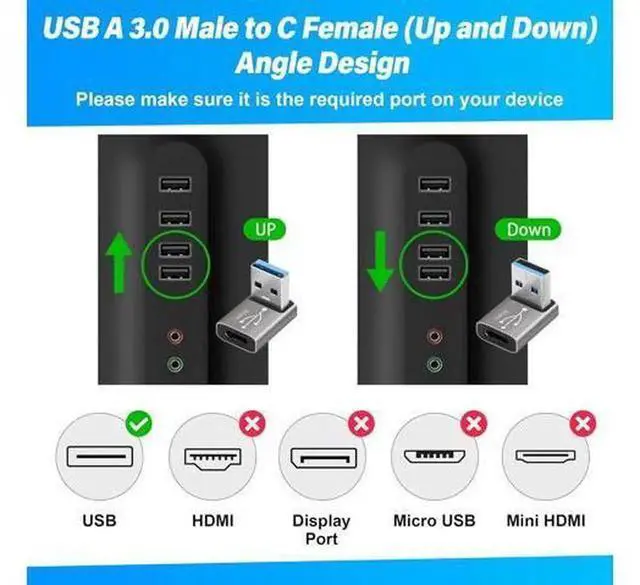 Alt view image 5 of 5 - 90 Degree USB A Male to USB-C Female Adapter 2 Pack, Right Angle L-Shaped USB Converter, Up/Down Bend USB Extender, Supports Charging & Data Sync for Laptop, PC, Keyboard, Mouse