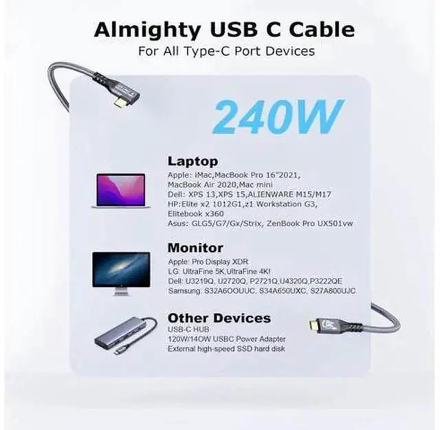 Alt view image 4 of 7 - 90 Degree USB C 3.2 Gen2x2 Cable 20Gbps Data Transfer, 240W PD3.1 Fast Charging 5A E-Marker Cord, Supports 4K@60Hz UHD Video, Compatible with Thunderbolt 3 Thunderbolt 4 USB-C Devices