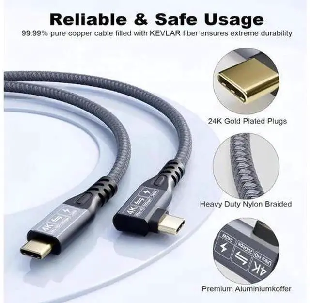 Alt view image 3 of 7 - 90 Degree USB C 3.2 Gen2x2 Cable 20Gbps Data Transfer, 240W PD3.1 Fast Charging 5A E-Marker Cord, Supports 4K@60Hz UHD Video, Compatible with Thunderbolt 3 Thunderbolt 4 USB-C Devices