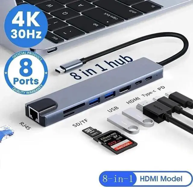 Main image of 8-Port USB C Hub Multiport Dongle Adapter, 4K HDMI, USB 3.0 & 2.0, TF/SD Card Reader, 100W PD Charging, Gigabit Ethernet Port, Compatible with MacBook Pro Air, XPS and Other USB-C Laptops
