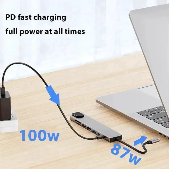 Alt view image 4 of 7 - 8-Port USB C Hub Multiport Dongle Adapter, 4K HDMI, USB 3.0 & 2.0, TF/SD Card Reader, 100W PD Charging, Gigabit Ethernet Port, Compatible with MacBook Pro Air, XPS and Other USB-C Laptops
