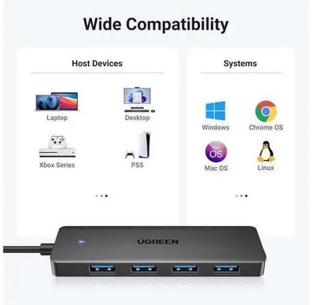 Alt view image 3 of 7 - UGREEN USB 3.0 Hub, 4 Port USB A Splitter Ultra Slim USB Expander Adapter 0.98ft/0.3m, Compatible with Laptop, Desktop PC, Mouse, Keyboard, Flash Drive, Printer, Xbox, PS5 and More USB Devices