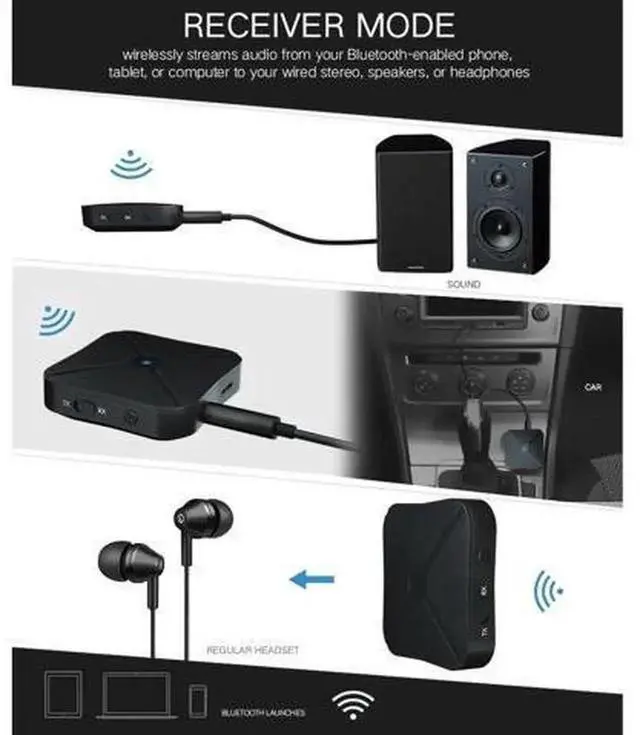 Alt view image 5 of 5 - 2-in-1 Bluetooth 4.2 Wireless Audio Transmitter Receiver Adapter, Portable 3.5mm AUX Bluetooth Audio Converter for Audio Player, TV, Car Speaker, Home Stereo, Bluetooth Audio Adapter PK B6