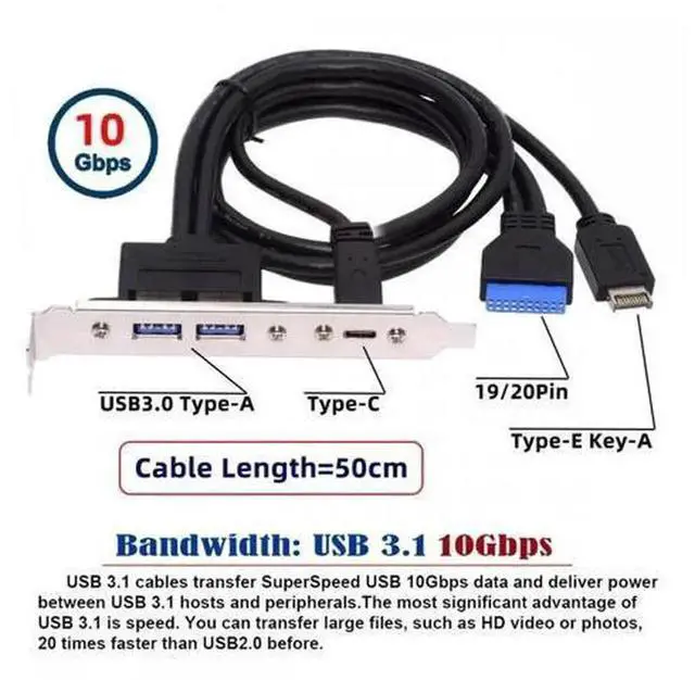 Alt view image 7 of 7 - 10Gbps USB3.0 Motherboard 19/20Pin & Type-E to USB-C & USB3.0 Dual Female Ports PCI-E Back Panel Cable, 5Gbps/10Gbps Internal Adapter Bracket for PC Expansion