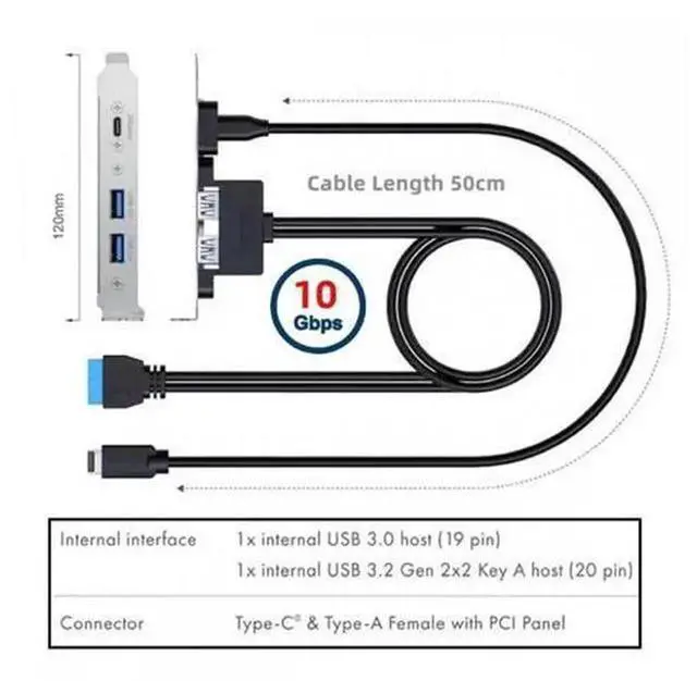 Alt view image 4 of 7 - 10Gbps USB3.0 Motherboard 19/20Pin & Type-E to USB-C & USB3.0 Dual Female Ports PCI-E Back Panel Cable, 5Gbps/10Gbps Internal Adapter Bracket for PC Expansion