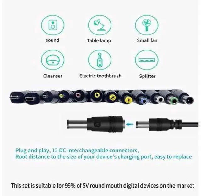 Alt view image 2 of 4 - Universal USB to 5V DC Power Charging Cable, 5.5x2.1mm DC Jack with 12 Interchangeable Plug Adapters, Mini & Micro USB Connector Power Supply Cord