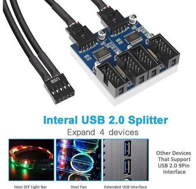 Alt view image 6 of 6 - 9 Pin USB 2.0 Header Splitter Cable, 1 Male to 4 Female Motherboard Internal USB Extension Adapter, Desktop PC Port Multiplier for Chassis USB Expansion
