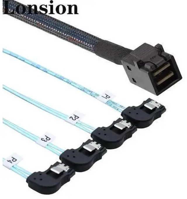 Alt view image 2 of 2 - MINI SAS HD SFF-8643 to 4 Port Left-Angle SATA Cable for Server PC Hardware, Internal SAS Host Adapter Cable, Left Angle SATA Connectors, Suitable for RAID Controller, Hard Drives Storage System