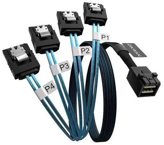 Main image of 1.6ft Internal HD Mini SAS SFF-8643 to 4 X SATA Cable, SFF8643 Host to 4 SATA Hard Drive Target Cord, High Speed Connection Cable Compatible with RAID Controller, Server HDD and Storage Devices