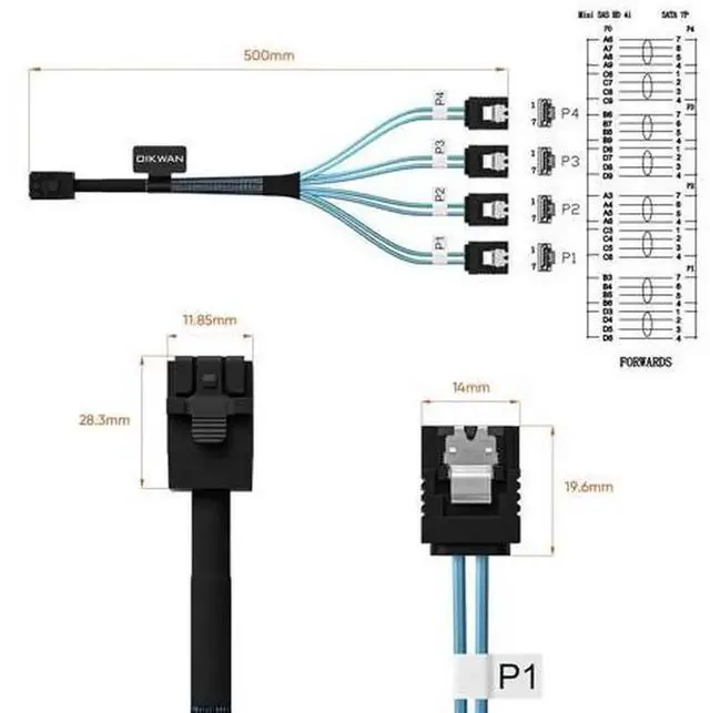 Alt view image 7 of 7 - 1.6ft Internal HD Mini SAS SFF-8643 to 4 X SATA Cable, SFF8643 Host to 4 SATA Hard Drive Target Cord, High Speed Connection Cable Compatible with RAID Controller, Server HDD and Storage Devices